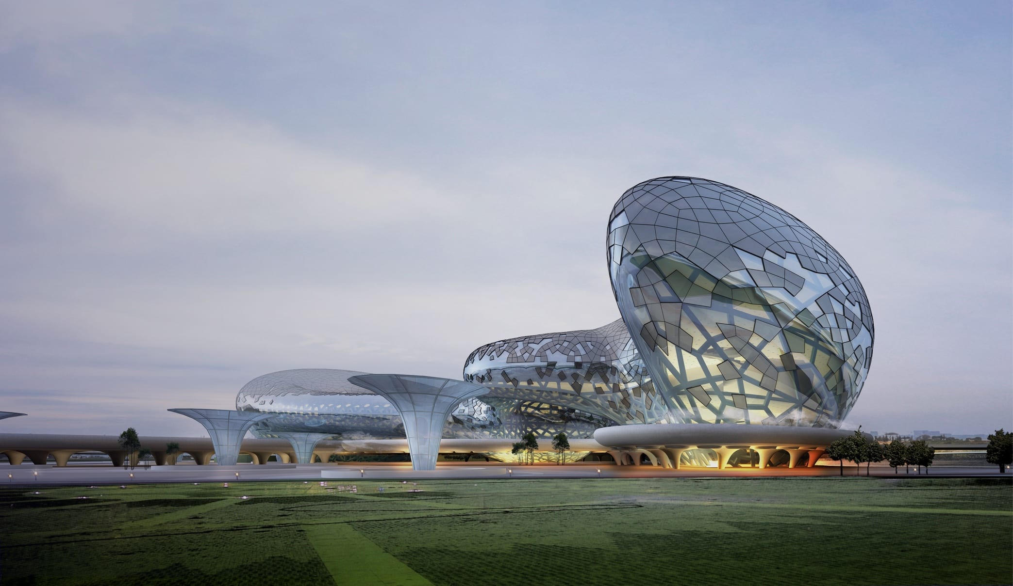 Contemporary glass-and-steel research campus at dusk — Taitil Global Inc.
